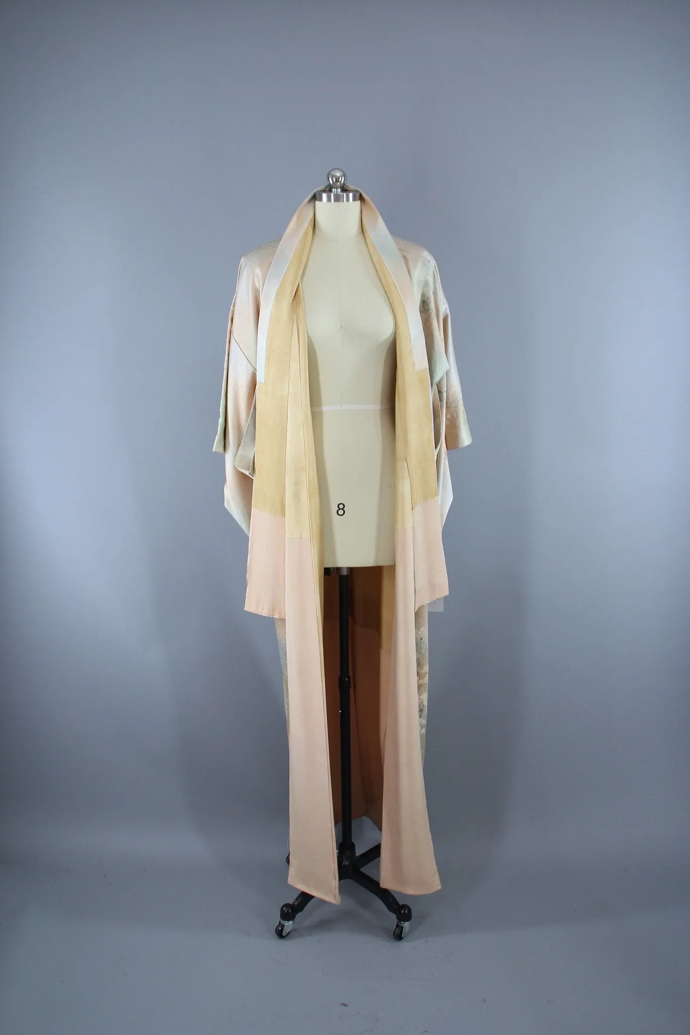 1950s Vintage Silk Kimono Robe / Tan & Green Ombre Floral
