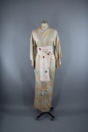 1950s Vintage Silk Kimono Robe / Tan & Green Ombre Floral