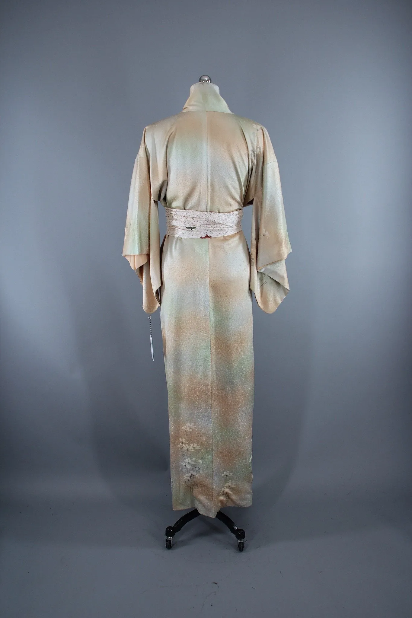1950s Vintage Silk Kimono Robe / Tan & Green Ombre Floral