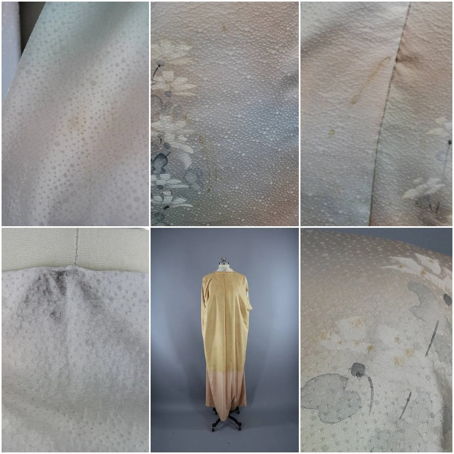 1950s Vintage Silk Kimono Robe / Tan & Green Ombre Floral