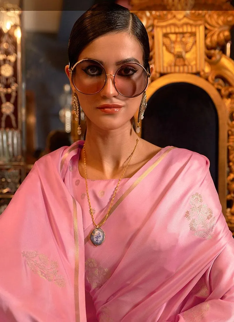 Amazing Pink Color Satin Base Silk Weave Work Saree