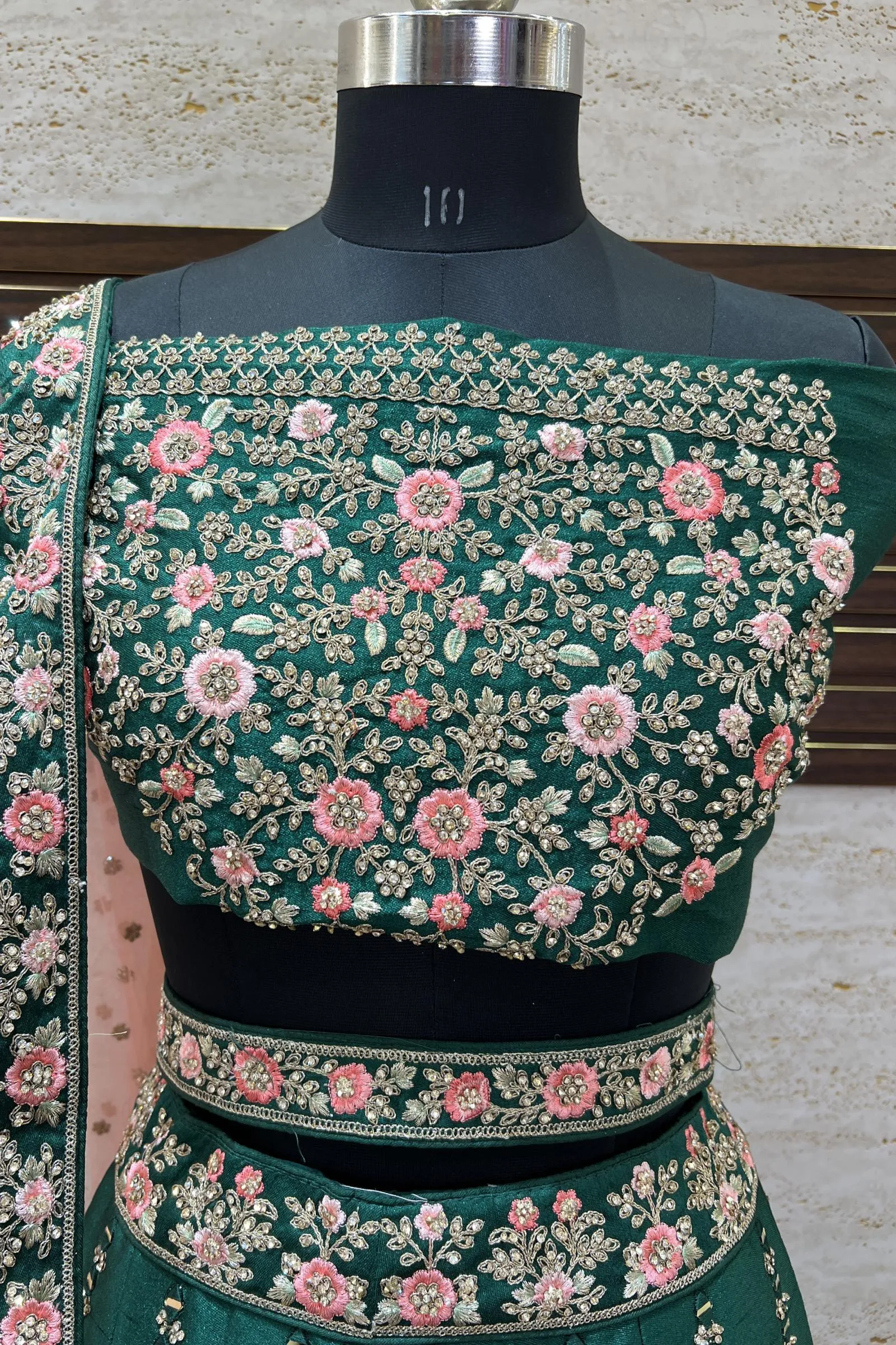 Bottle Green Stone, Embroidery, Mirror and Zari work Semi-Stitched Designer Bridal Lehenga with Belt