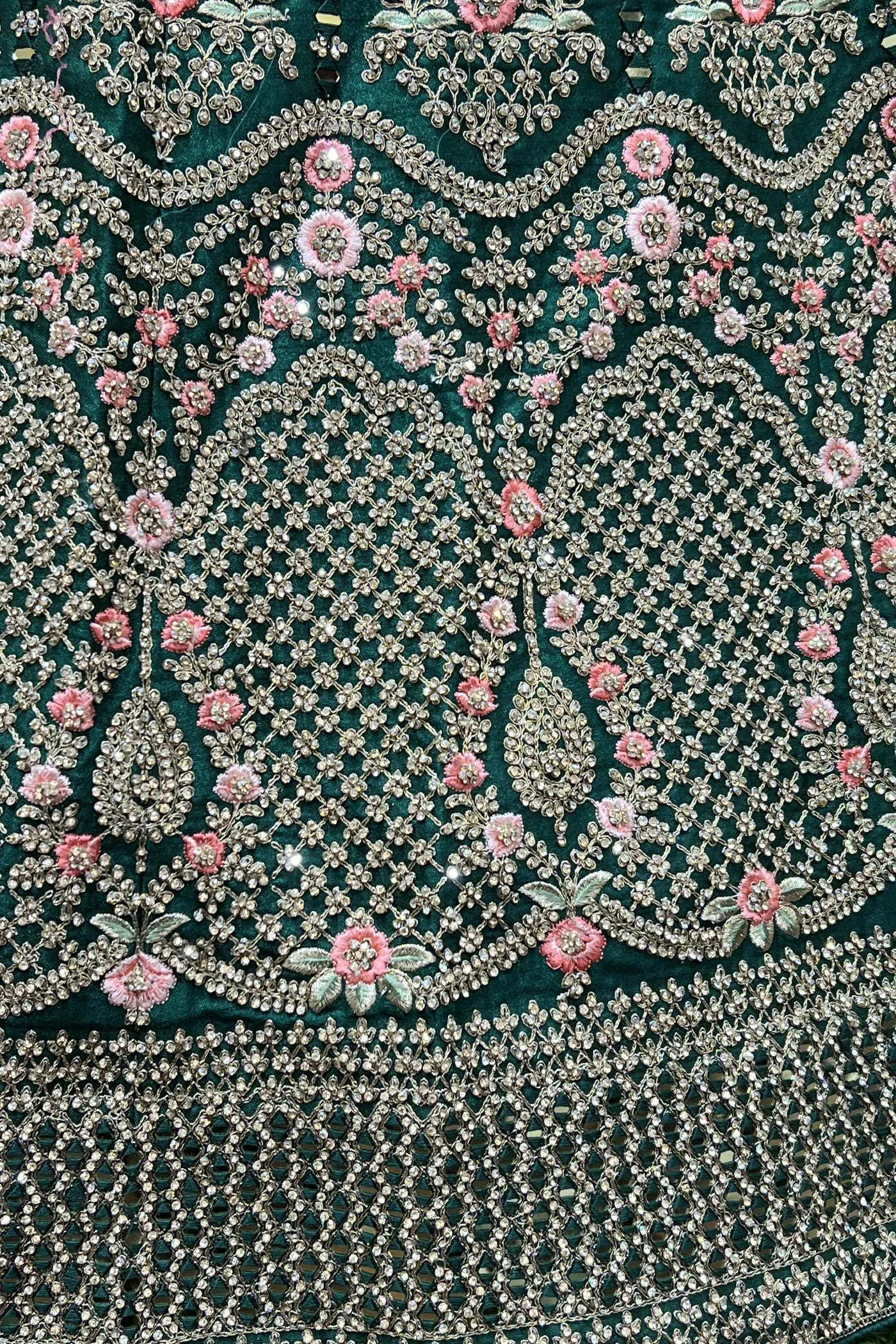 Bottle Green Stone, Embroidery, Mirror and Zari work Semi-Stitched Designer Bridal Lehenga with Belt