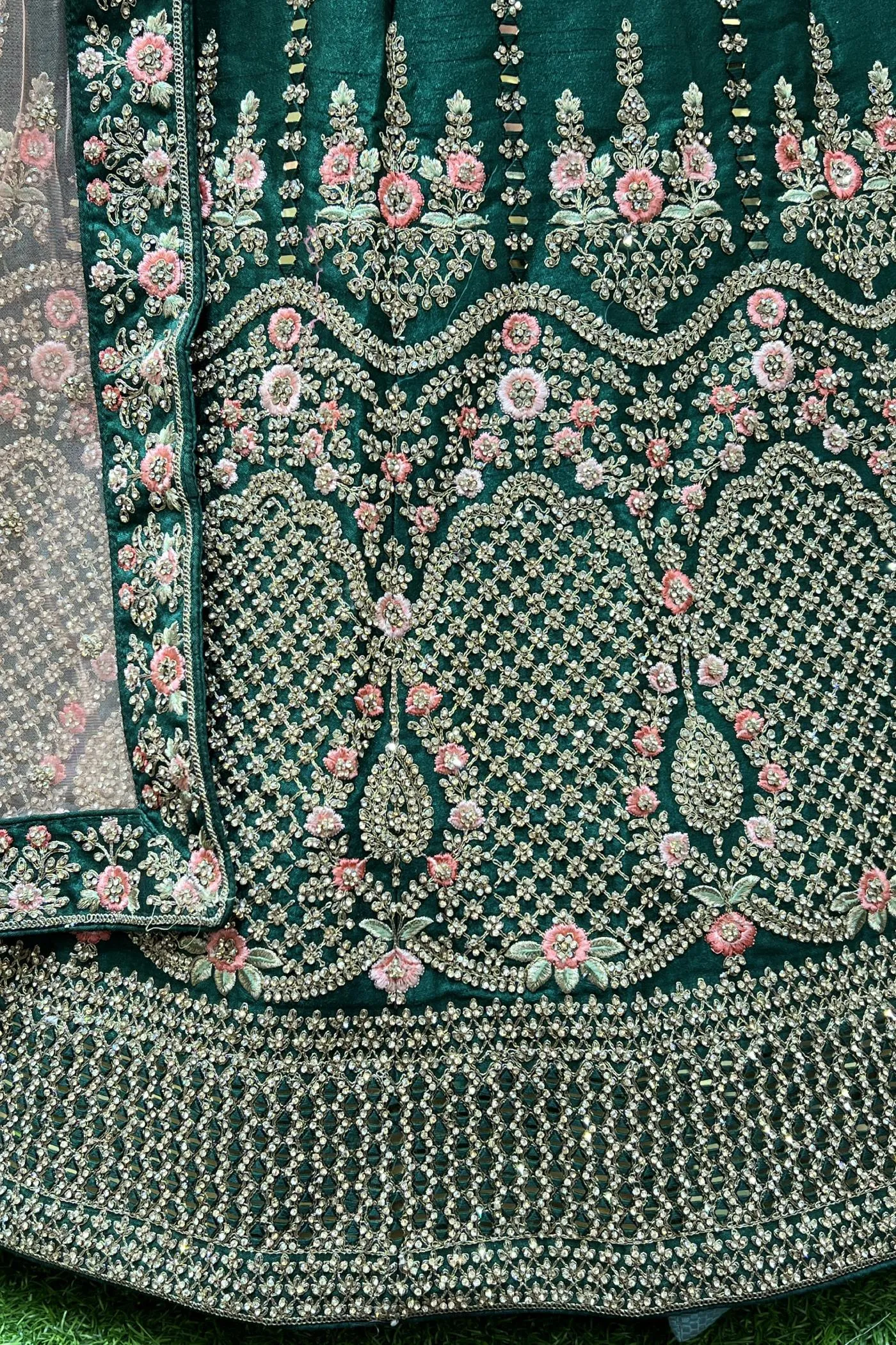 Bottle Green Stone, Embroidery, Mirror and Zari work Semi-Stitched Designer Bridal Lehenga with Belt