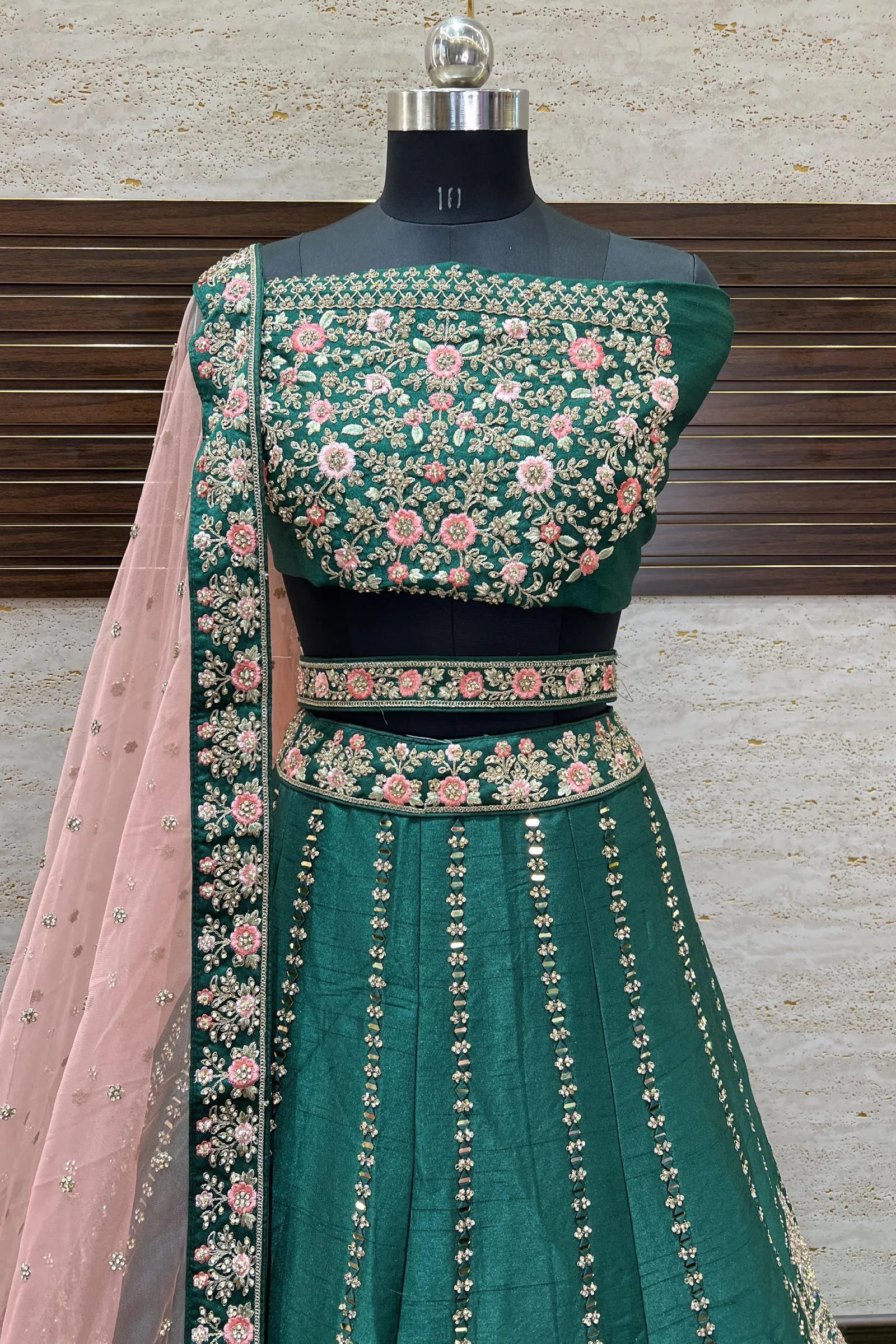 Bottle Green Stone, Embroidery, Mirror and Zari work Semi-Stitched Designer Bridal Lehenga with Belt
