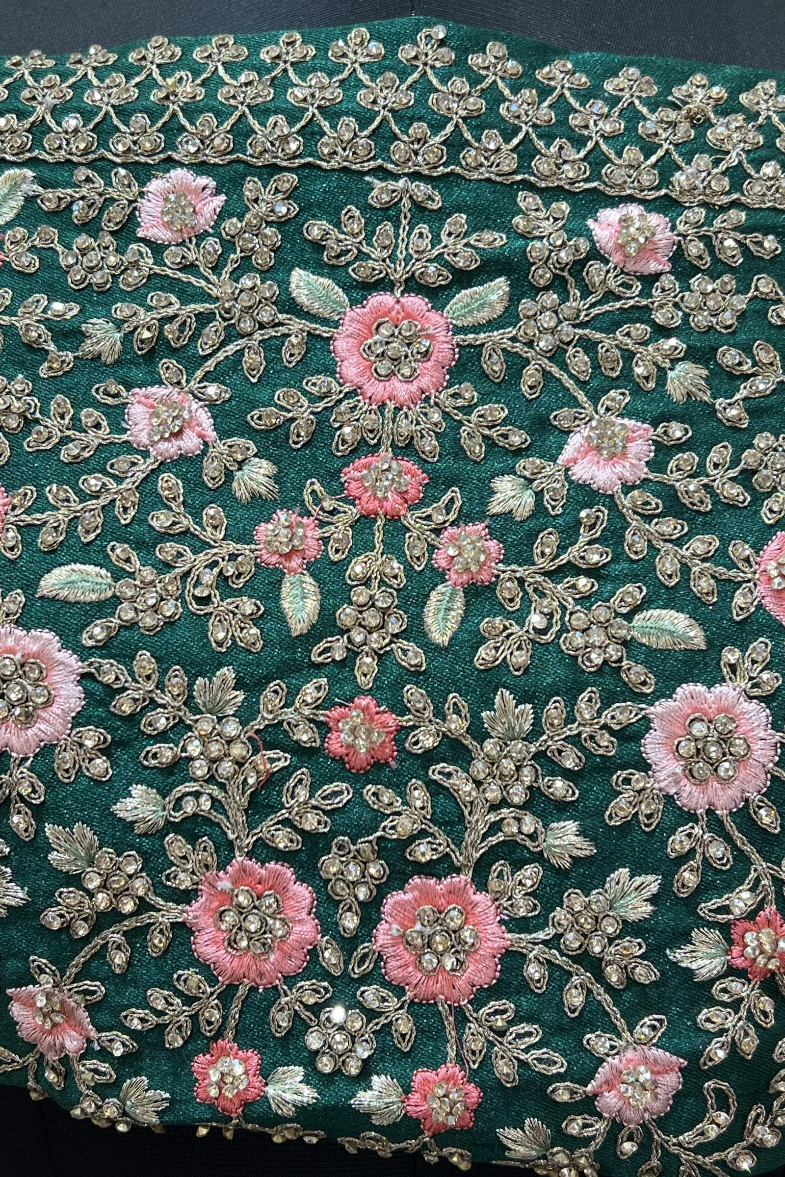 Bottle Green Stone, Embroidery, Mirror and Zari work Semi-Stitched Designer Bridal Lehenga with Belt