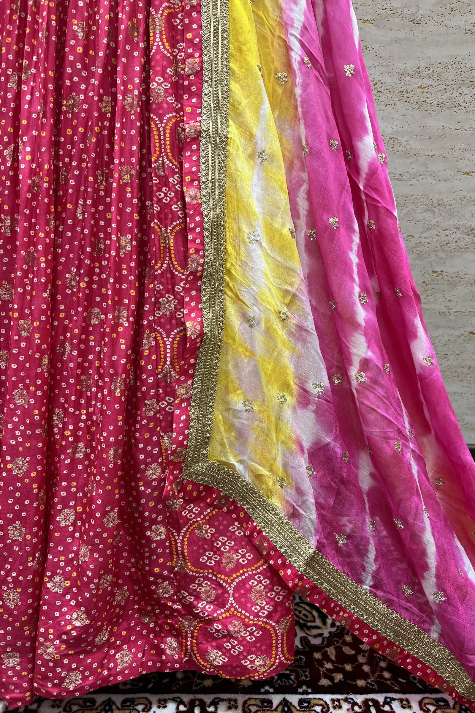 Fluorescent Pink Stone, Zari and Mirror work with Bandini Print Floor Length Anarkali Suit
