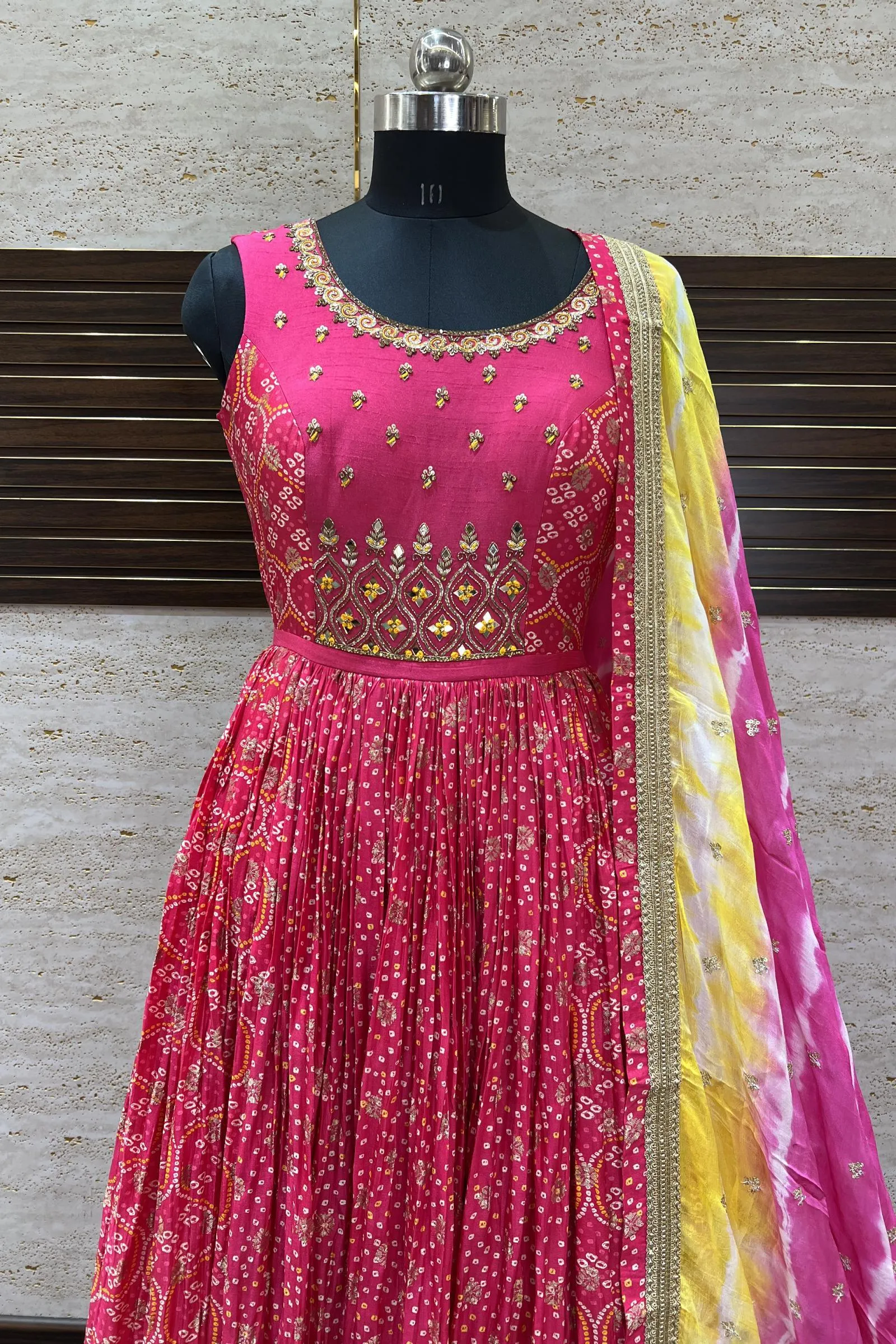 Fluorescent Pink Stone, Zari and Mirror work with Bandini Print Floor Length Anarkali Suit