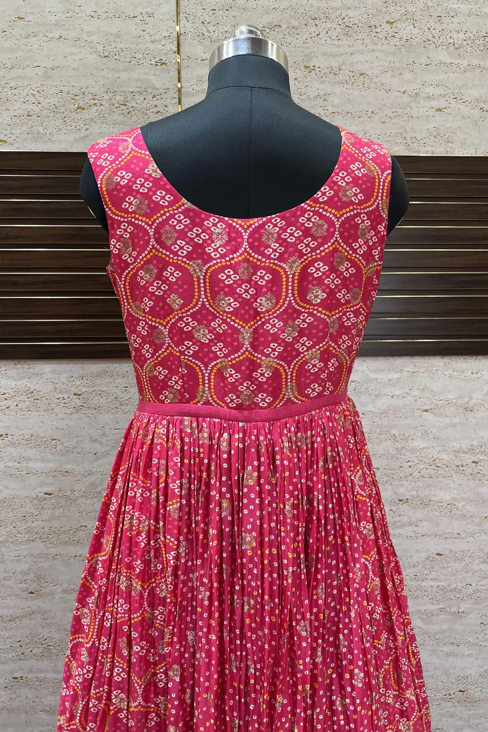 Fluorescent Pink Stone, Zari and Mirror work with Bandini Print Floor Length Anarkali Suit