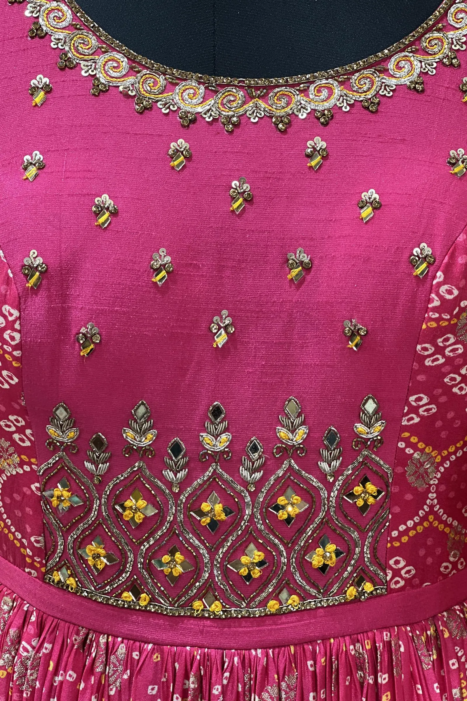 Fluorescent Pink Stone, Zari and Mirror work with Bandini Print Floor Length Anarkali Suit