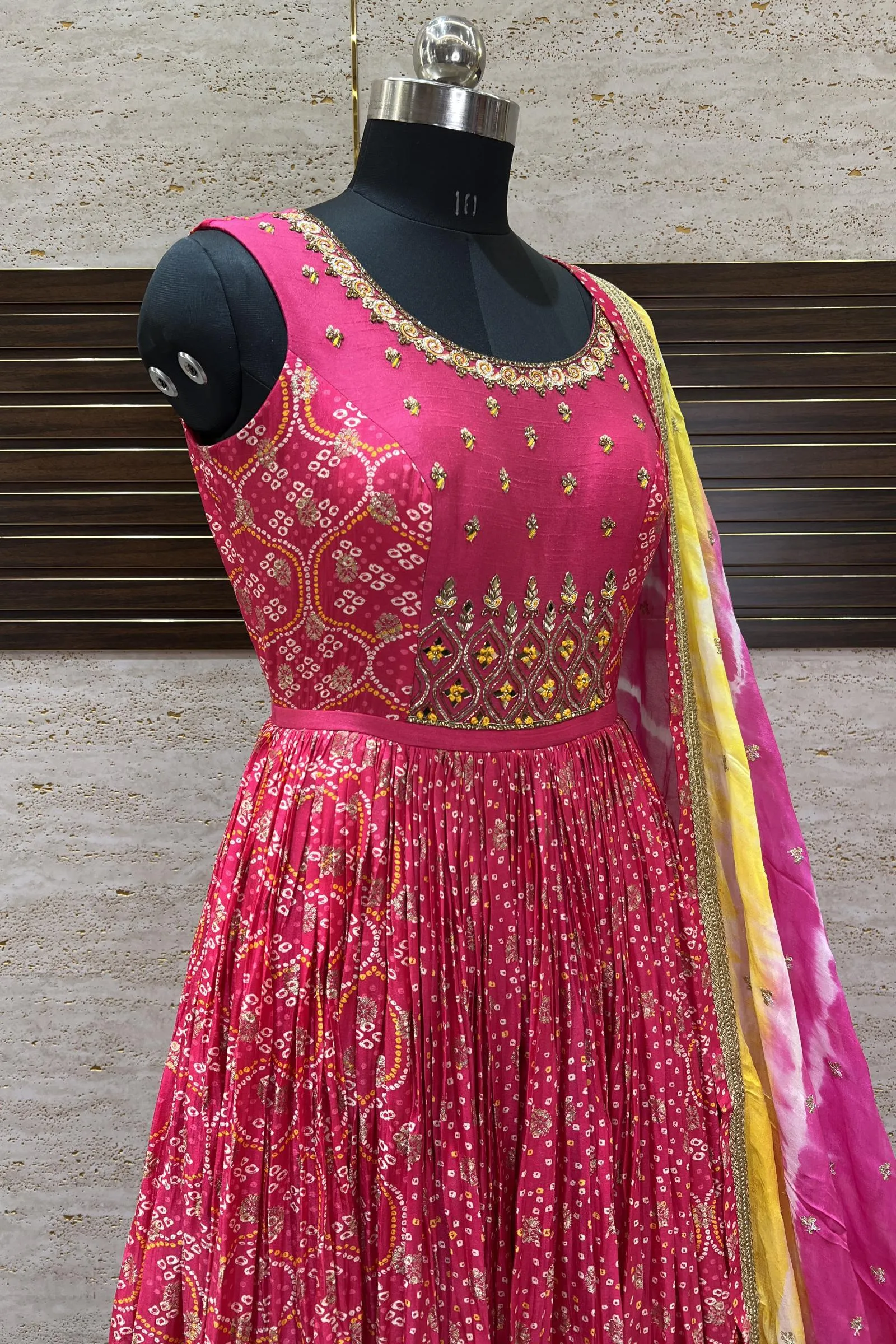 Fluorescent Pink Stone, Zari and Mirror work with Bandini Print Floor Length Anarkali Suit