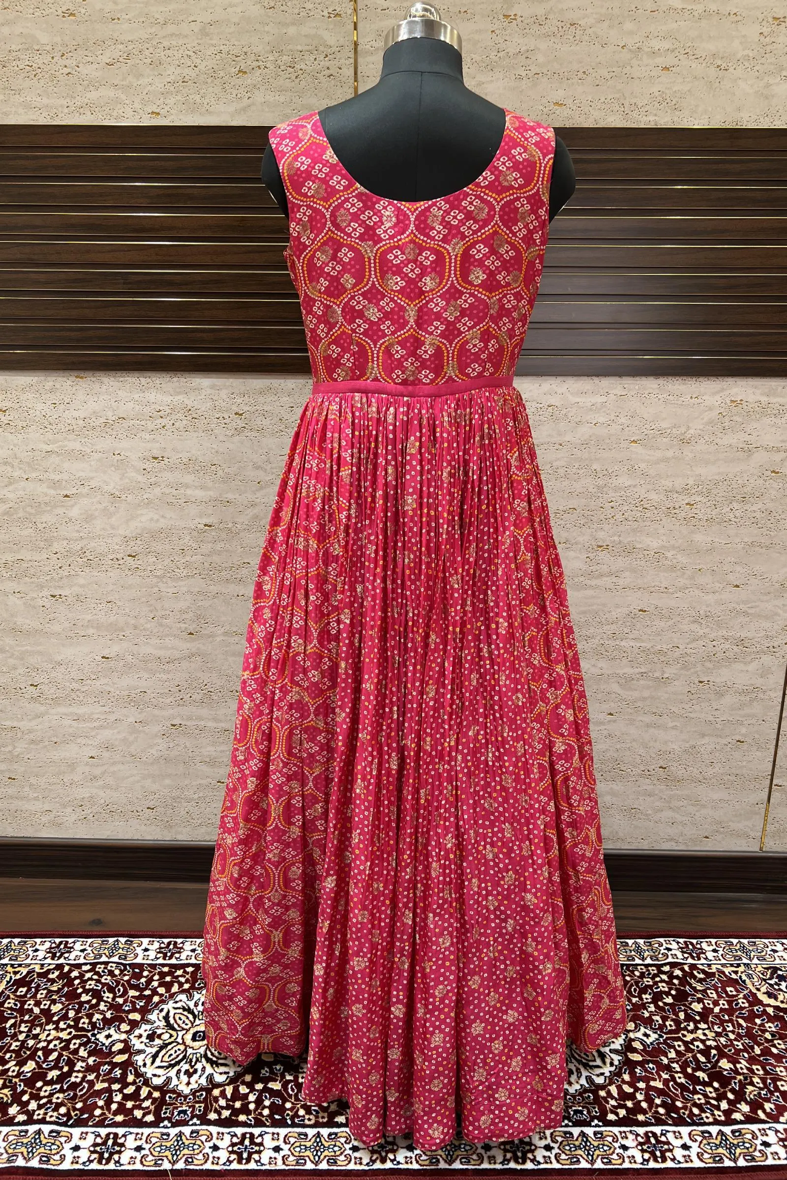 Fluorescent Pink Stone, Zari and Mirror work with Bandini Print Floor Length Anarkali Suit