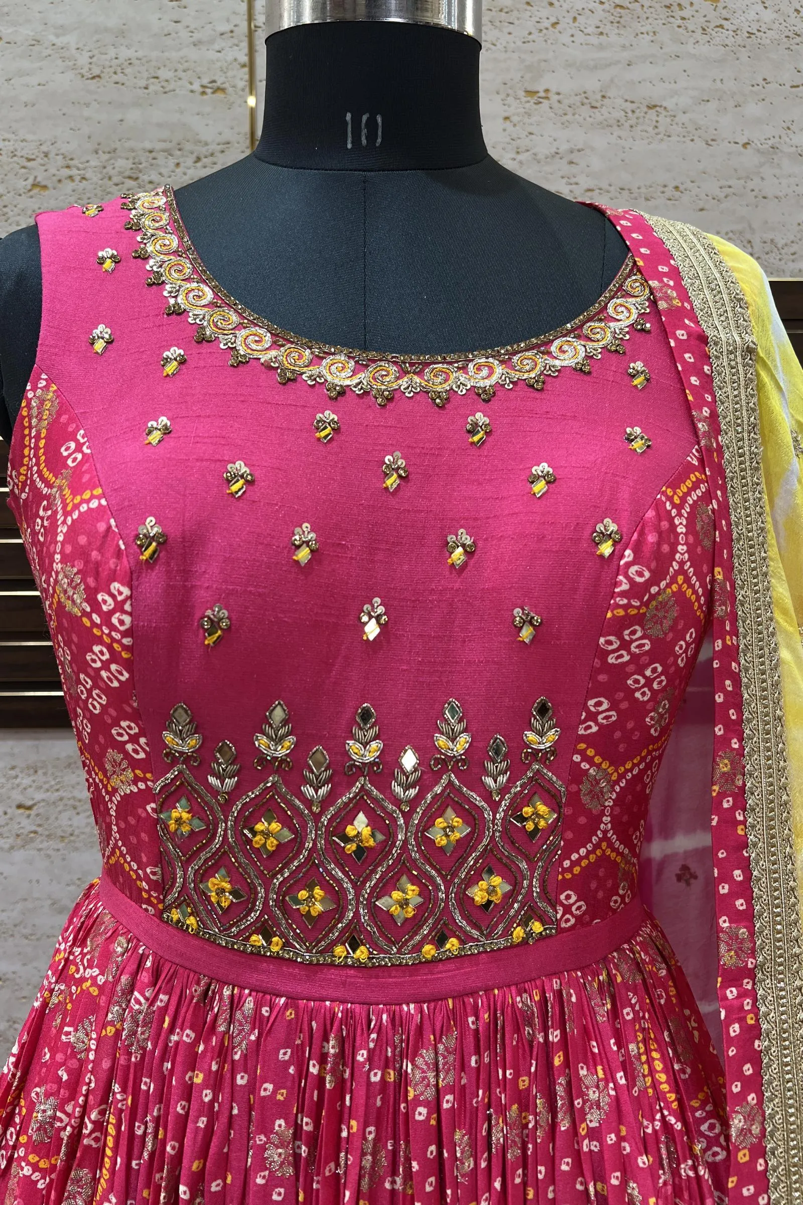 Fluorescent Pink Stone, Zari and Mirror work with Bandini Print Floor Length Anarkali Suit