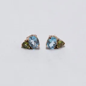 Gold Stud Earrings with Aqua and Peridot
