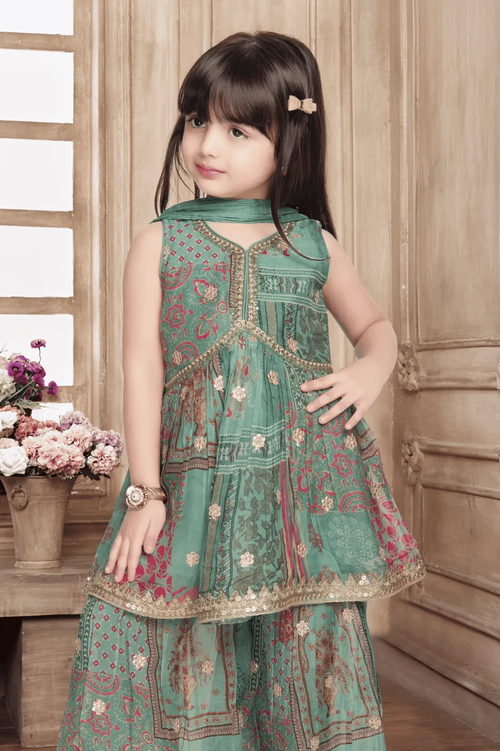 Exquisite Green Girls Peplum Top and Sharara Set adorned with Digital Print, Zardozi, and Pearl work