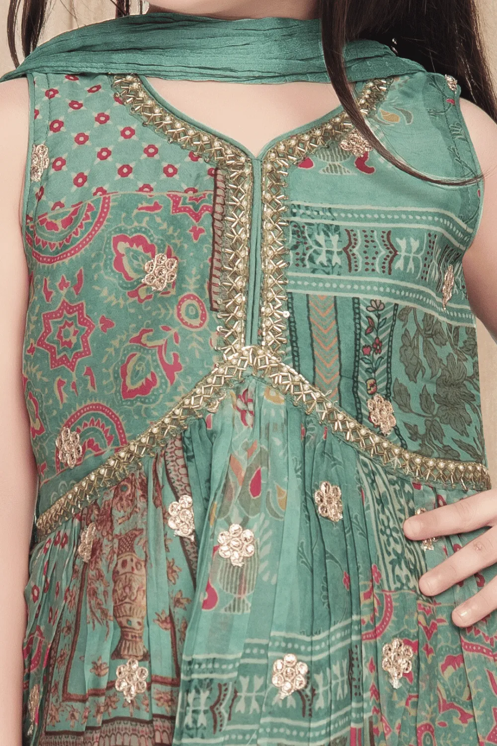 Exquisite Green Girls Peplum Top and Sharara Set adorned with Digital Print, Zardozi, and Pearl work