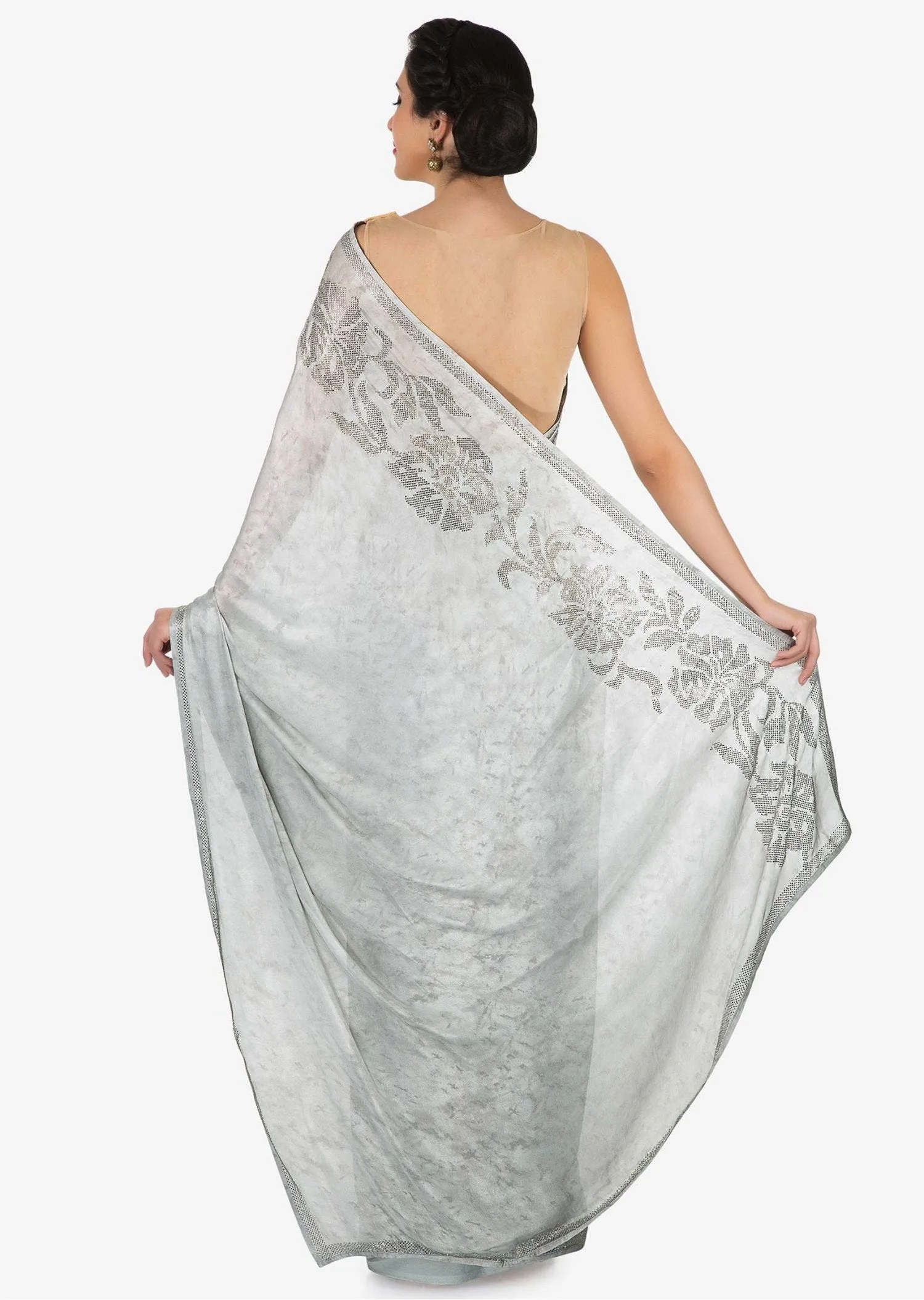 Grey saree in satin with kundan embroidered border