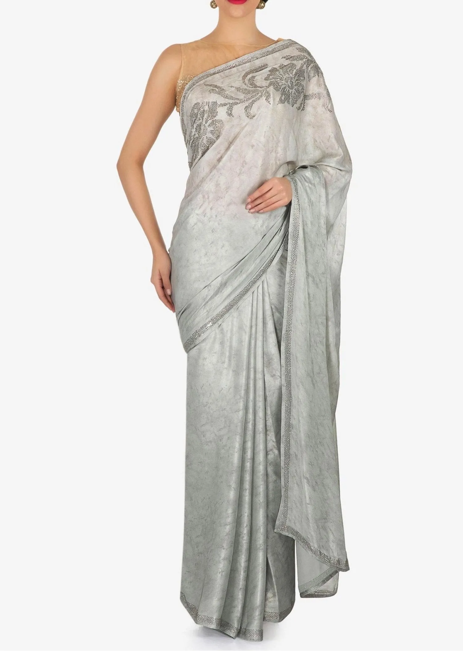 Grey saree in satin with kundan embroidered border