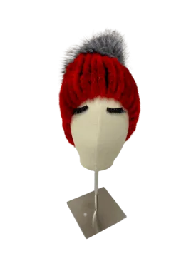 KNITTED MINK BEANIE RED