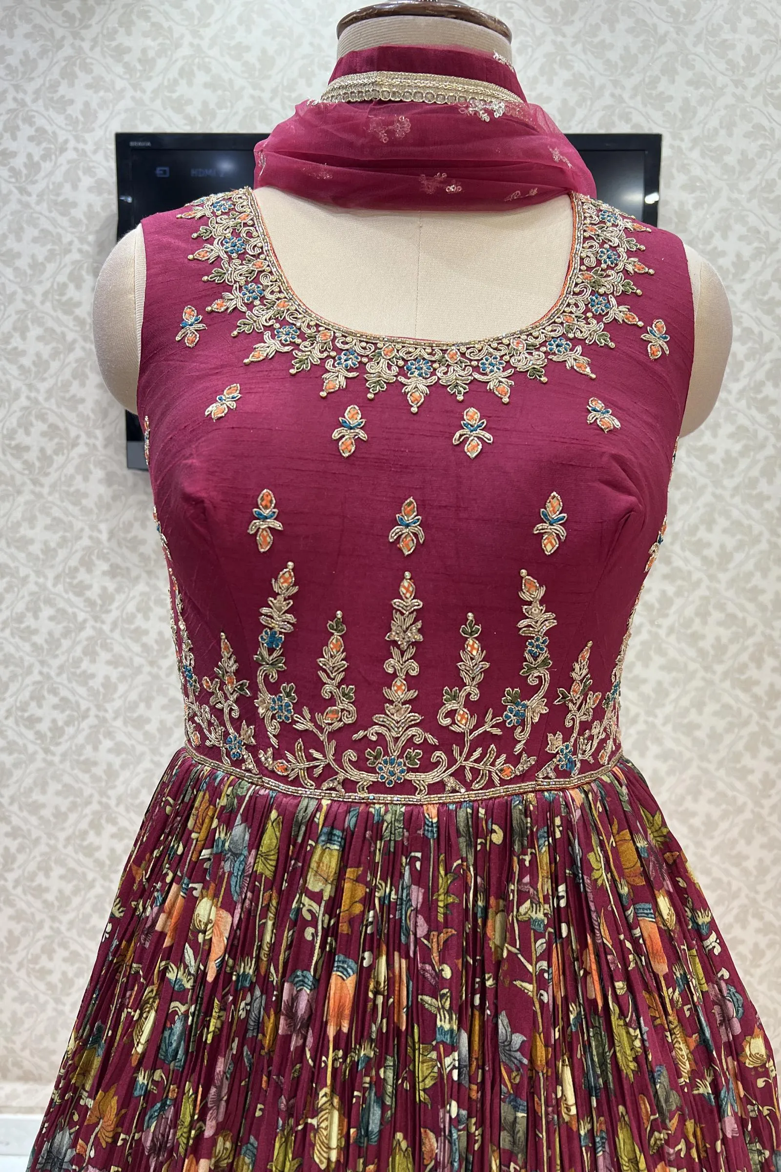 Maroon Mirror, Zardozi and Thread work with Floral Print Floor Length Anarkali Suit