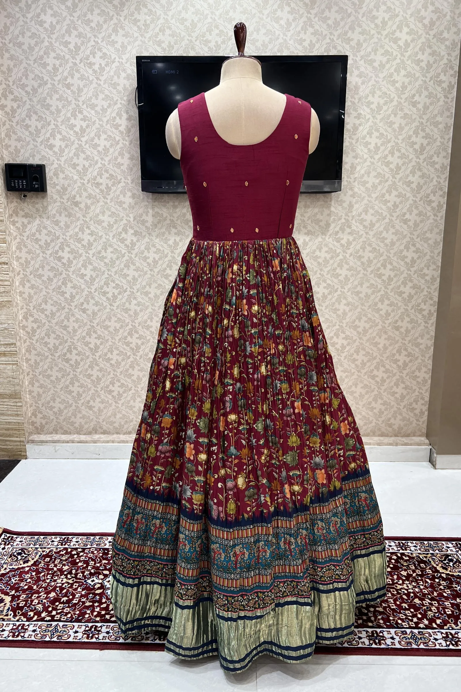 Maroon Mirror, Zardozi and Thread work with Floral Print Floor Length Anarkali Suit