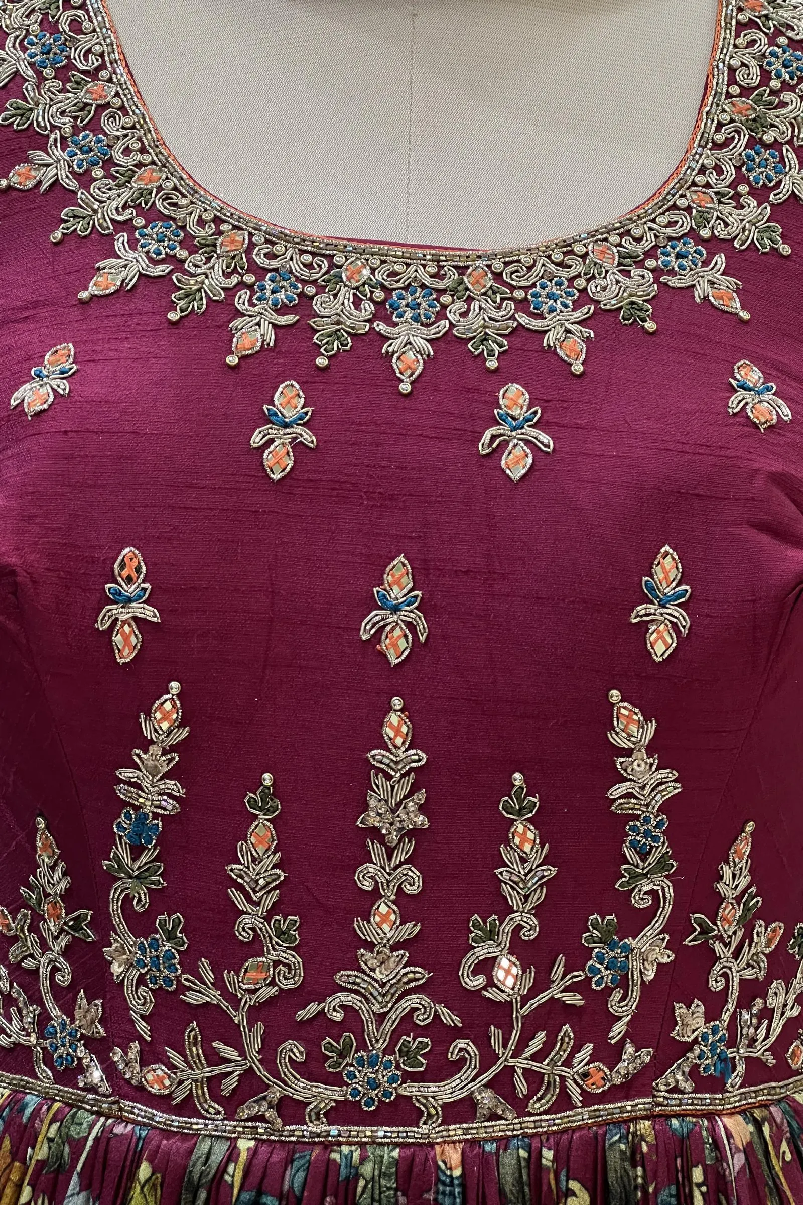 Maroon Mirror, Zardozi and Thread work with Floral Print Floor Length Anarkali Suit