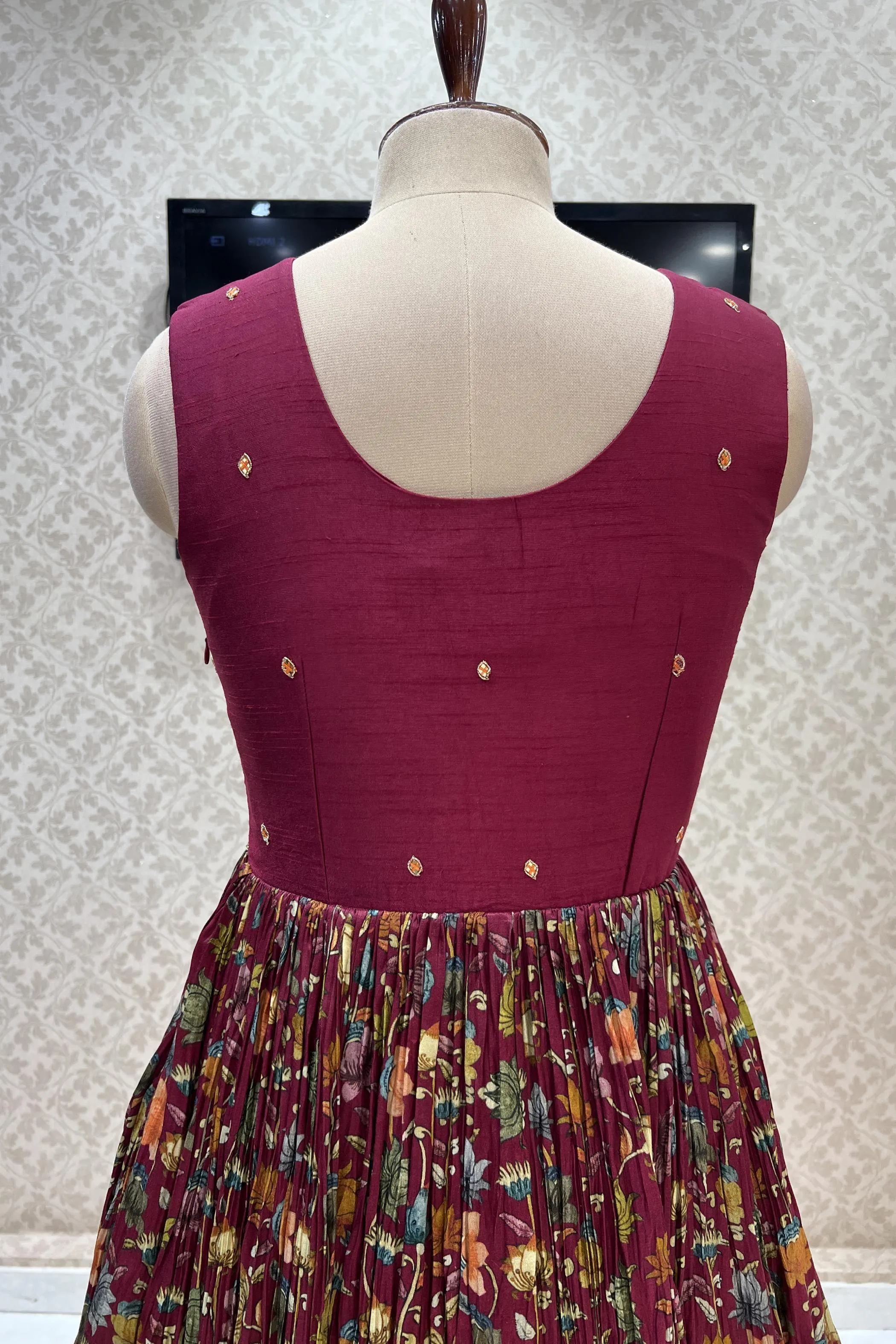 Maroon Mirror, Zardozi and Thread work with Floral Print Floor Length Anarkali Suit