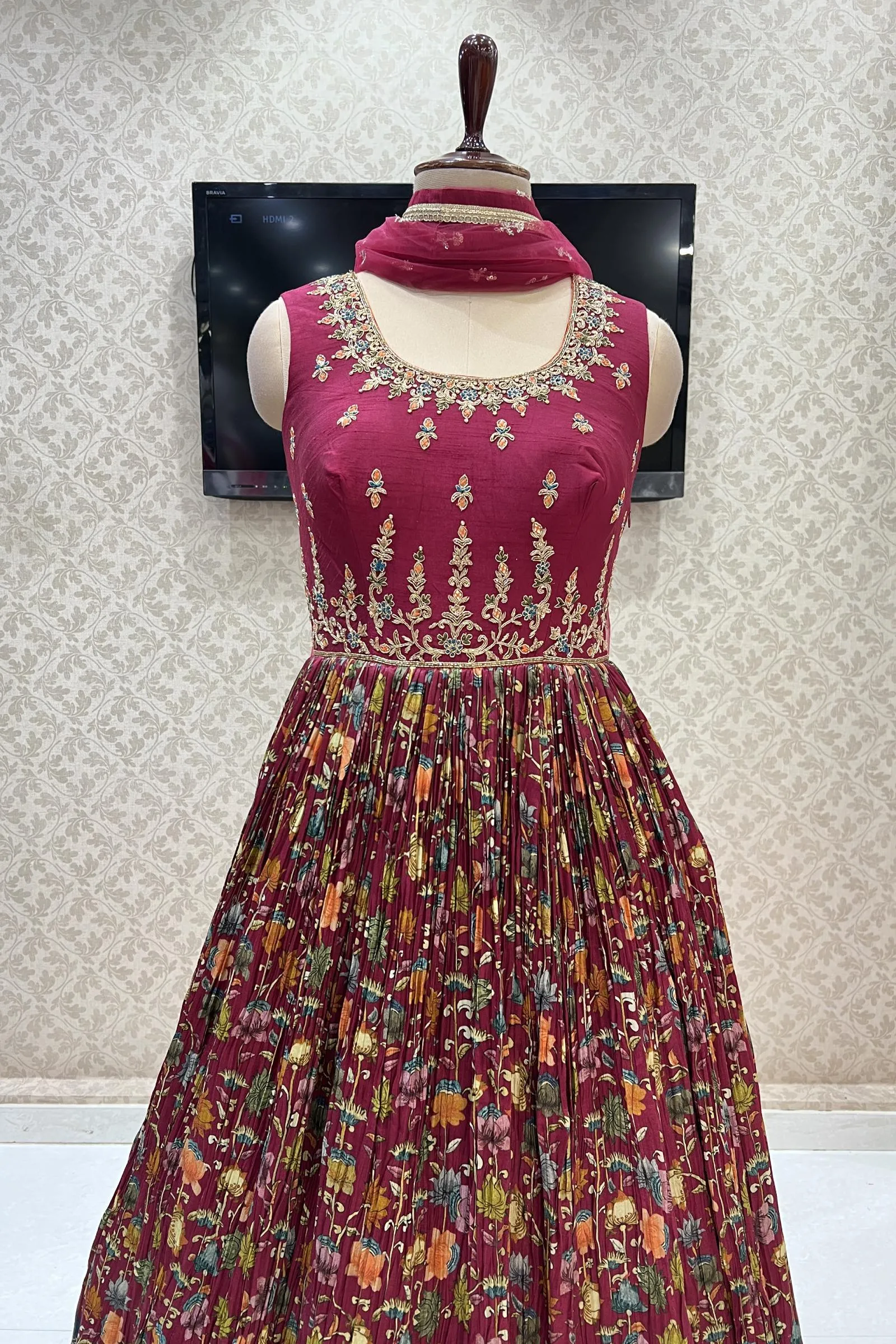 Maroon Mirror, Zardozi and Thread work with Floral Print Floor Length Anarkali Suit