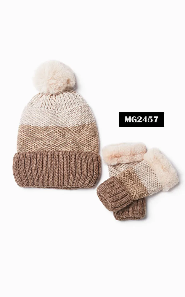 MH2456 Knit Tri-Tone Fur Pom Pom Hat