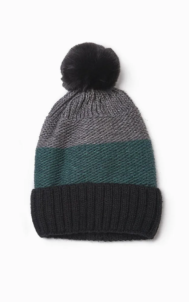 MH2456 Knit Tri-Tone Fur Pom Pom Hat