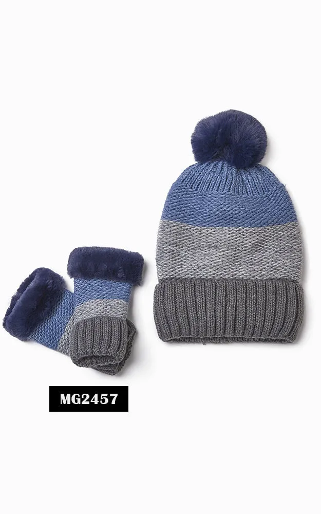 MH2456 Knit Tri-Tone Fur Pom Pom Hat