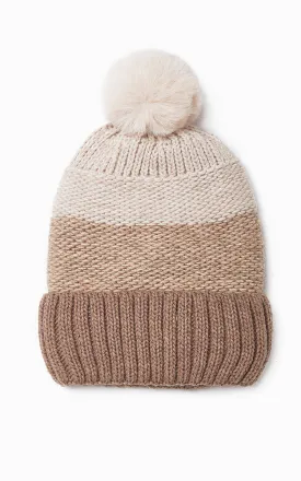 MH2456 Knit Tri-Tone Fur Pom Pom Hat