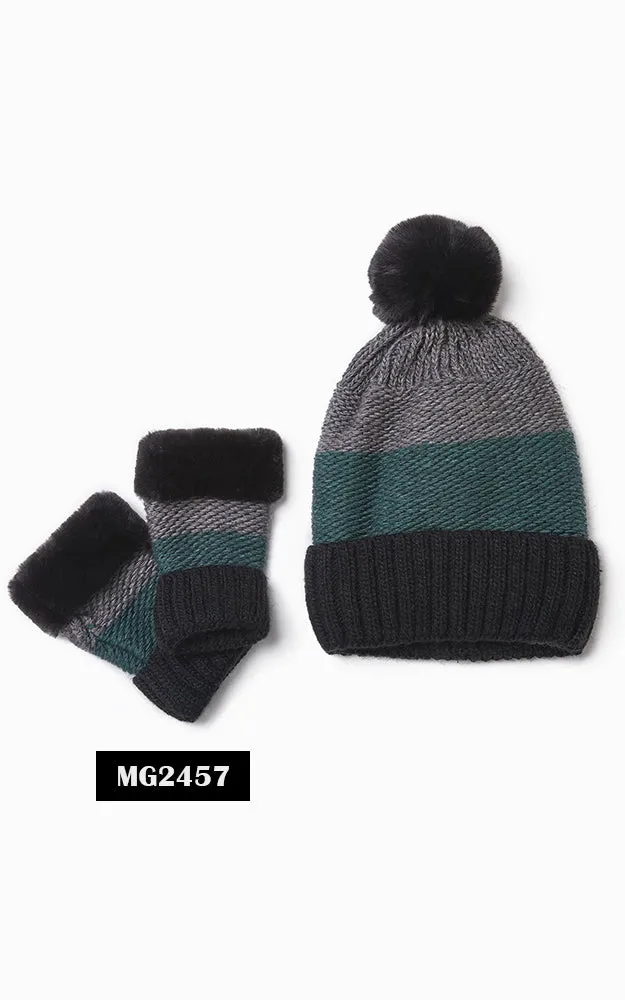 MH2456 Knit Tri-Tone Fur Pom Pom Hat