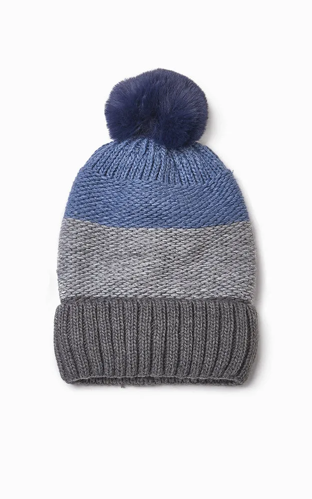 MH2456 Knit Tri-Tone Fur Pom Pom Hat