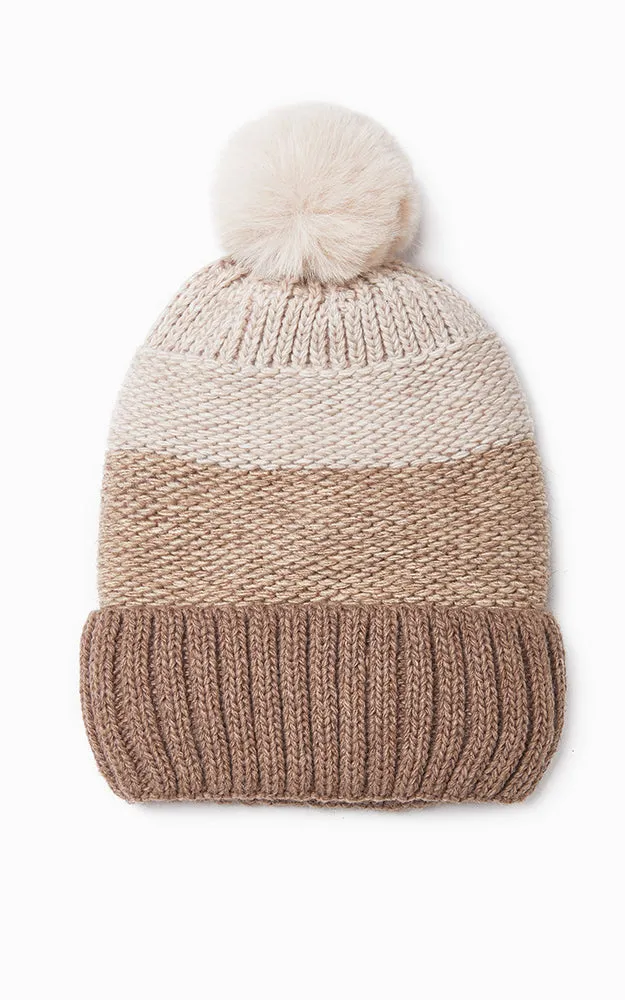 MH2456 Knit Tri-Tone Fur Pom Pom Hat
