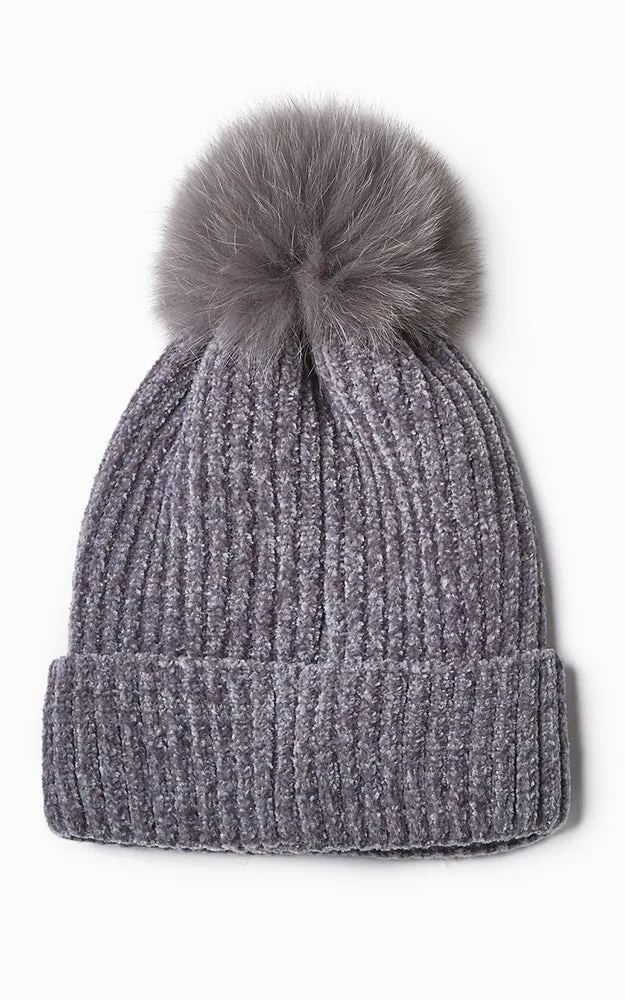 MH2582 Chenille Fur Pom Pom Hat