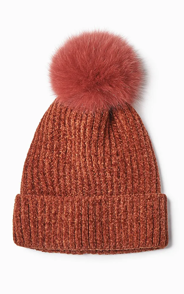 MH2582 Chenille Fur Pom Pom Hat