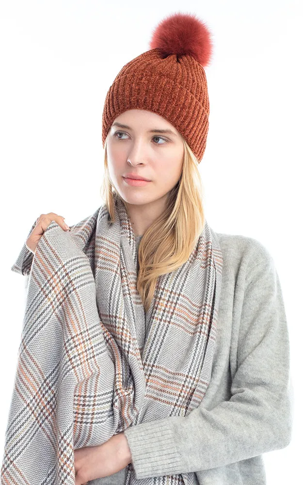 MH2582 Chenille Fur Pom Pom Hat