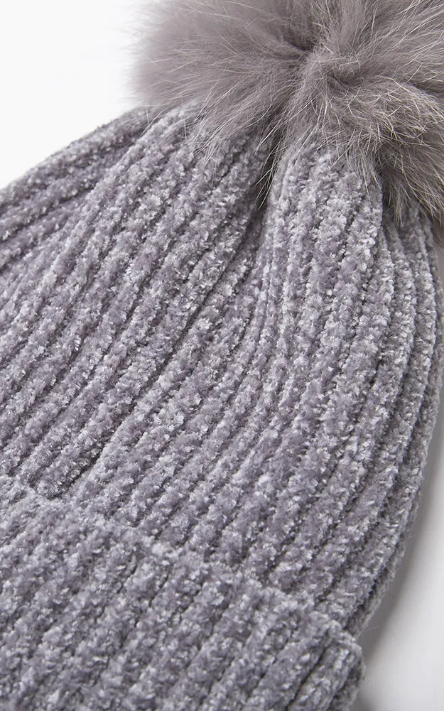 MH2582 Chenille Fur Pom Pom Hat
