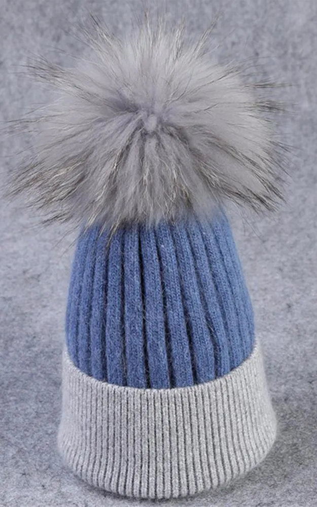 MHD3 Two Tone Wool Real Fur Detachable Pom Pom Hat