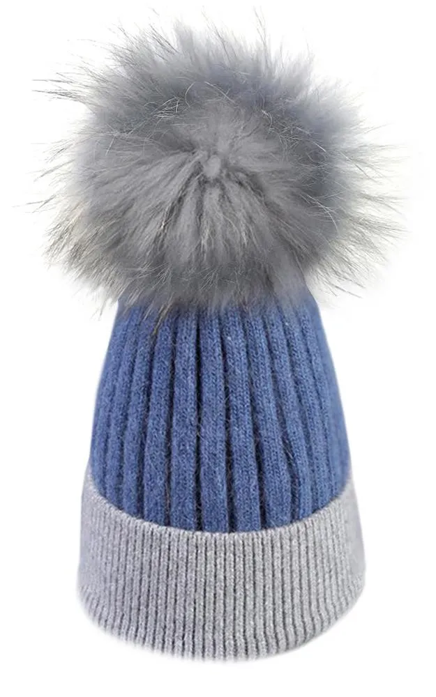 MHD3 Two Tone Wool Real Fur Detachable Pom Pom Hat