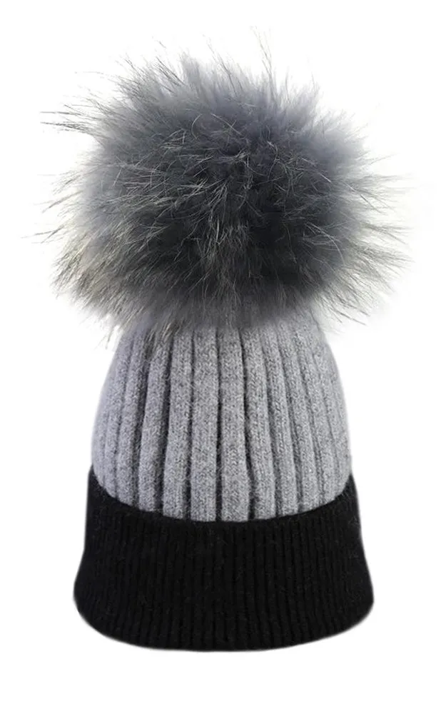 MHD3 Two Tone Wool Real Fur Detachable Pom Pom Hat