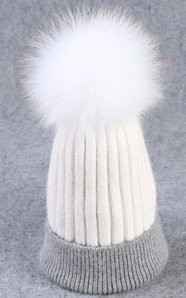 MHD3 Two Tone Wool Real Fur Detachable Pom Pom Hat