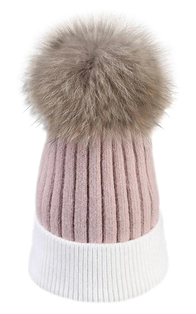 MHD3 Two Tone Wool Real Fur Detachable Pom Pom Hat