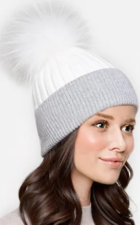 MHD3 Two Tone Wool Real Fur Detachable Pom Pom Hat