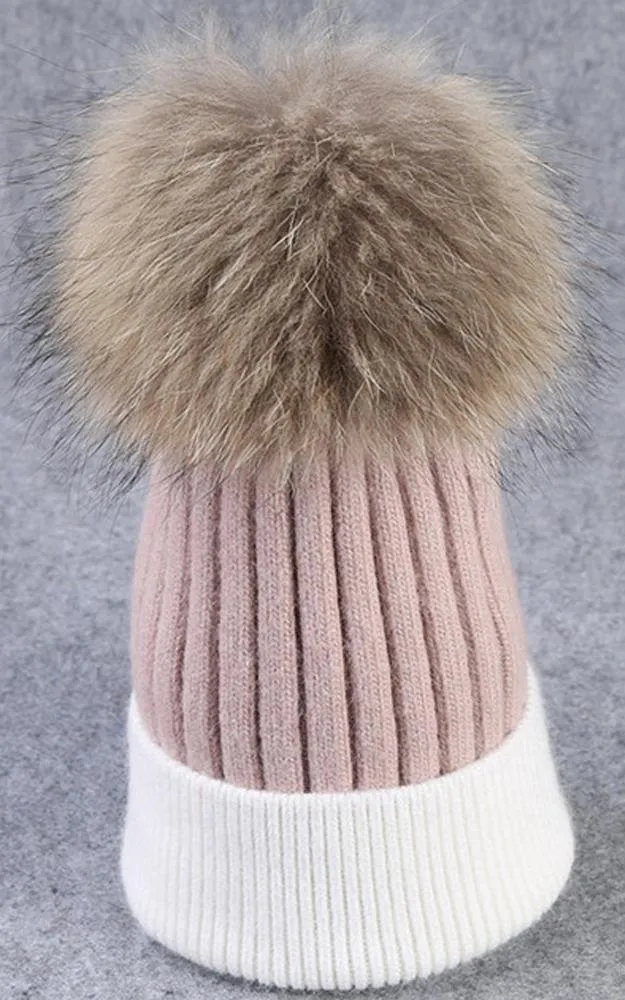 MHD3 Two Tone Wool Real Fur Detachable Pom Pom Hat