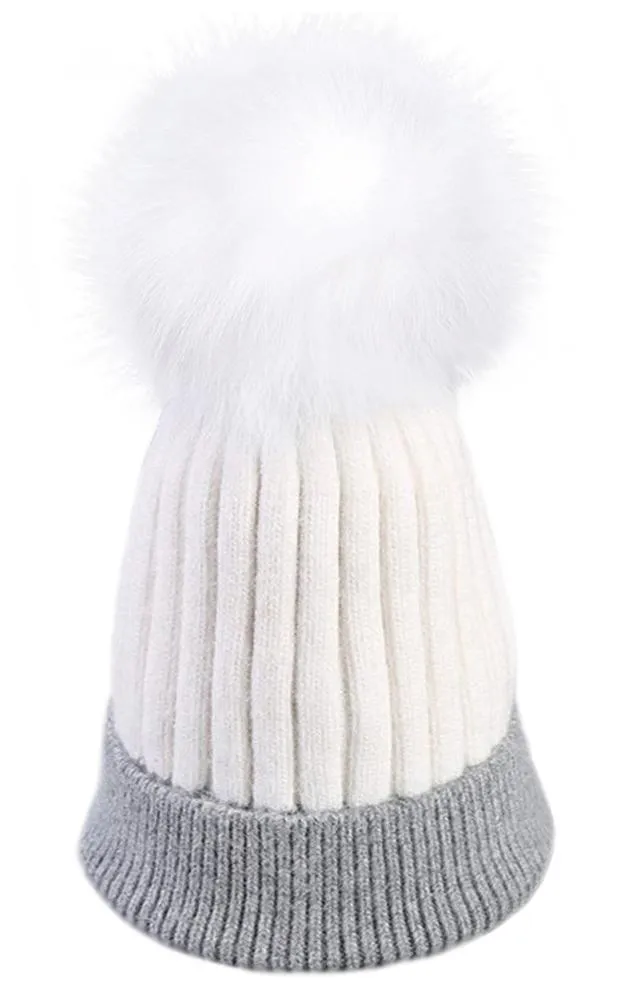 MHD3 Two Tone Wool Real Fur Detachable Pom Pom Hat