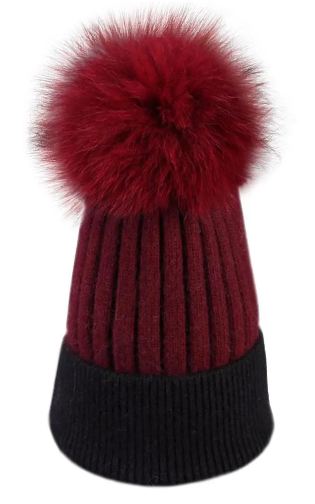 MHD3 Two Tone Wool Real Fur Detachable Pom Pom Hat