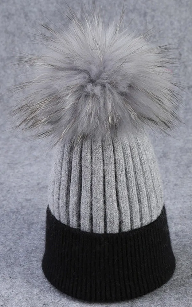 MHD3 Two Tone Wool Real Fur Detachable Pom Pom Hat
