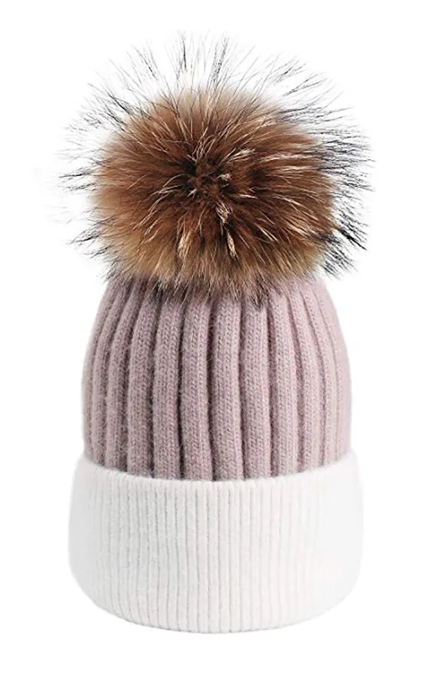 MHD3 Two Tone Wool Real Fur Detachable Pom Pom Hat